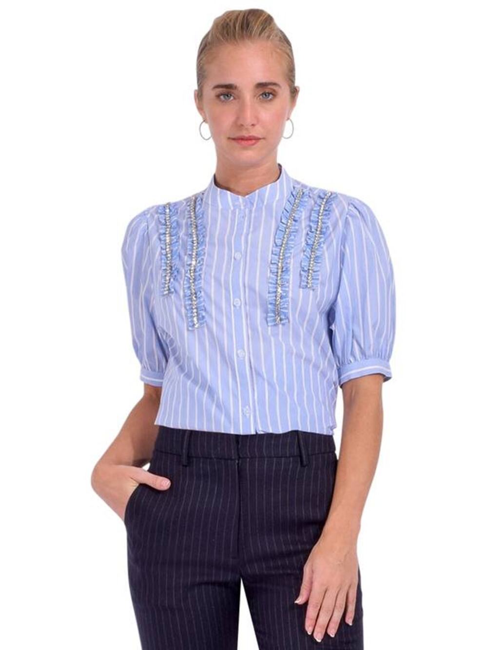 Essentiel Antwerp Ifrill Rhinestone Frill Shirt in Pale Kingsblue Stripe 34 US 2